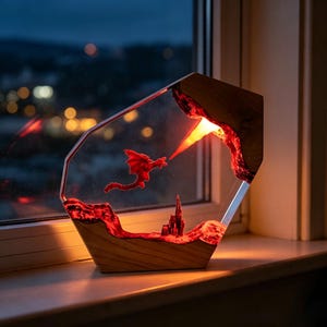 May include: A hexagonal decorative lamp featuring a wooden base and frame with a clear resin center. Inside the resin, a red dragon figure is suspended above a small castle structure, with a glowing red light emanating from a rock formation.