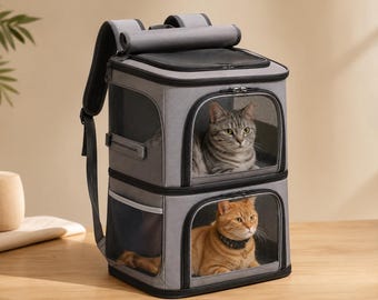 Double Cat Carrier Backpack, Large Capacity Pet Travel Bag, Foldable Pet Backpack, Airline Friendly Cat Carrier, Dog Travel Backpack