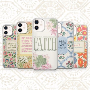 May include: Five clear phone cases featuring floral patterns and religious text. The designs include quotes like 'The Lord is my shepherd', 'Faith', 'God is with you', and 'Trust in the Lord', displayed in various fonts against colorful botanical backgrounds.