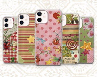 May include: Five decorative phone cases with various designs. The cases feature patterns including polka dots, stripes, and floral motifs. Each case has a unique design with elements like ladybugs, stars, and dragonflies.