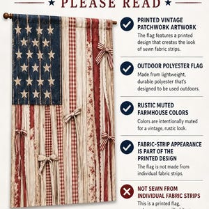 May include: A rectangular polyester flag featuring a printed vintage American flag design with muted red, white, and blue colors. The graphic includes a blue canton with stars and vertical stripes with decorative bows. Text includes BEFORE YOU ORDER.