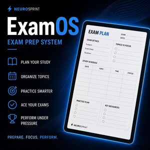 Peut inclure: Une tablette numérique affiche un modèle de plan d'examen avec des sections pour les détails de l'examen, l'emploi du temps et les ressources clés. L'image présente le texte "ExamOS Exam Prep System" et des icônes pour la planification des études.