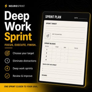 Könnte beinhalten: Ein digitales Tablet mit einer "Sprint Plan" Vorlage mit Abschnitten für Ziel, Blöcke und Regeln. Der Hintergrund ist schwarz mit gelben Akzenten und dem Text "Deep Work Sprint" und "Focus. Execute. Finish."