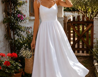 Vestido longo branco 100% algodão com alças para amarrar, estilo minimalista de verão, boho, moda sustentável, ideal para resorts, férias e com modelagem solta.