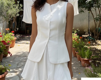 Conjunto de regata e minissaia balonê 100% algodão, look de verão sem mangas, conjunto minimalista para mulheres, perfeito para usar em resorts.