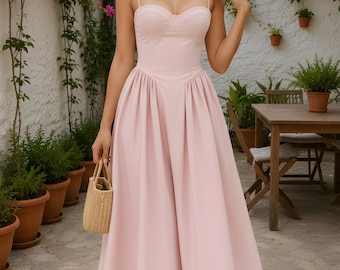 Vestido midi elegante, vestido de verão sem mangas em linha A, vestido de festa plissado com bustiê, roupa feminina para a noite, roupa de resort, vestido de noite de verão