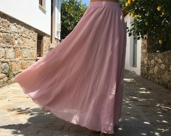 Saia de algodão, saia maxi longa com cintura elástica, saia fluida para férias na praia, saia boho, roupa feminina de outono, saia de verão
