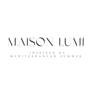 May include: A monochrome logo featuring the words "MAISON LUMI" in a serif font, with "INSPIRED BY MEDITERRANEAN SUMMER" beneath in a smaller sans-serif font. The design is in black on a white background.