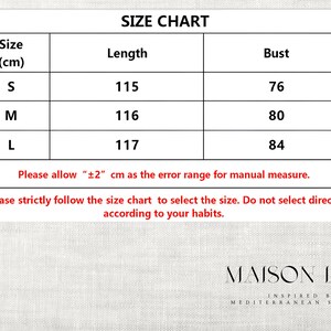 May include: A clothing size chart showing measurements in centimetres. Sizes S, M, and L are listed with corresponding lengths and bust sizes. The text advises to use the chart and allow for a 2cm error margin. The Maison Lumi logo is at the bottom.
