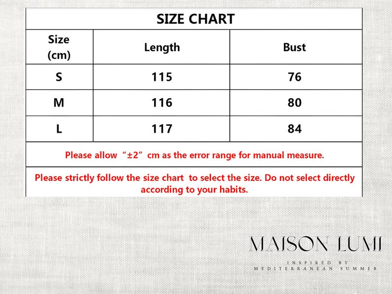 May include: A clothing size chart showing measurements in centimetres. Sizes S, M, and L are listed with corresponding lengths and bust sizes. The text advises to use the chart and allow for a 2cm error margin. The Maison Lumi logo is at the bottom.