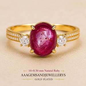 Natural Ruby Cabochon Ring 10×8.50 mm Gold Plated Oval Gemstone Statement Ring