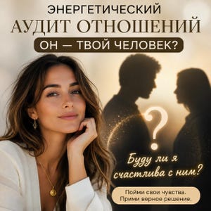 May include: An advertisement with a woman looking at the viewer, with text in Russian. The text includes "Energetic Relationship Audit" and questions about happiness in a relationship. Silhouettes of a couple and a question mark are also present.