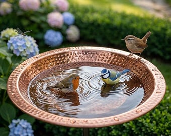 Hammered Copper Bird Bath Tub, Freestanding Metal Garden Decor, Weatherproof Bowl for Birds, Unique Outdoor Feeder