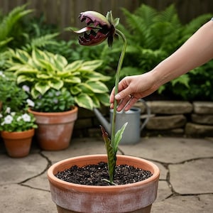 May include: A metal sculpture of a carnivorous plant with a dark red, toothy, open flower head on a long green stem. The plant is planted in a terracotta pot filled with dark soil, featuring two green leaves at the base of the slender metal stalk.