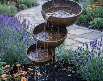Metal Rain Catcher Garden Stake, Three-Bowl Rustic Rainwater Fountain, Outdoor Zen Garden Decor, Durable Metal, 70 cm Cascading Bowls