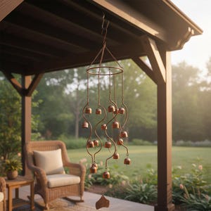 May include: A copper-toned wind chime featuring a circular top frame with multiple hanging chains and curved metal rods. Small, bell-shaped ornaments are suspended at varying heights along the structure, with a flat, leaf-shaped metal piece hanging at the very bottom of the assembly.