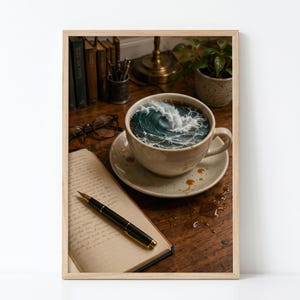 May include: A beige ceramic coffee cup on a matching saucer sits on a dark wooden desk, containing a swirling ocean wave with white foam. Beside it are an open notebook with handwritten text, a black fountain pen, eyeglasses, and books.