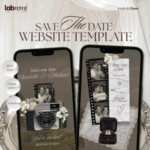 May include: Two smartphones displaying a Save the Date website template with vintage camera graphics, film strips featuring a couple, a calendar for September 2027, a ring box, and text including Charlotte & Michael, RSVP form, change colours, and countdown.