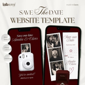 Könnte beinhalten: Eine digitale Save-the-Date-Website-Vorlage auf zwei Smartphones. Das Design zeigt einen dunkelroten Hintergrund, weißen Text, eine weiße Sofortbildkamera, schwarz-weiße Fotostreifen, einen Kalender für September 2027 und eine Ringbox.