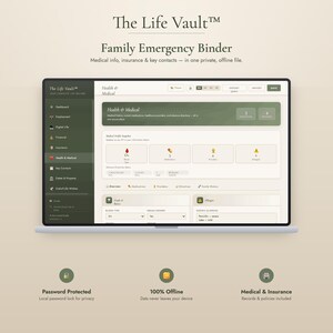 Könnte beinhalten: Die Softwareoberfläche des The Life Vault Familien-Notfallordners auf einem Laptop-Bildschirm. Das Dashboard zeigt einen Bereich für Gesundheit und Medizin mit Feldern für Blutgruppe, Medikamente und Allergien sowie Symbole für Passwortschutz.