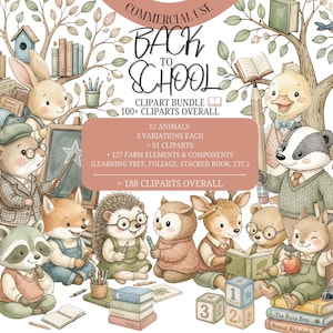 Może przedstawiać: Cyfrowy zestaw clipartów zatytułowany Back to School zawierający akwarelowe ilustracje zwierząt leśnych, w tym królika, myszy, lisa, jeża, sowy, jelenia, niedźwiedzia i wiewiórki, wraz z książkami, drzewami, żołędziami i klockami.