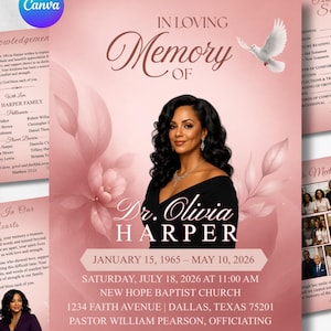 Peut inclure: Un modèle de programme funéraire dans des tons rose tendre avec un portrait du Dr. Olivia Harper, une colombe blanche et des motifs floraux. Le texte indique In Loving Memory of Dr. Olivia Harper, 15 janvier 1965 – 10 mai 2026, et les détails.