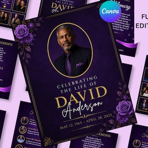 Puede incluir: Una plantilla de programa funerario con fondo morado oscuro, texto dorado y detalles florales. El diseño incluye un marco de fotos circular de un hombre con traje, el texto Celebrating the Life of David Anderson y secciones editables.