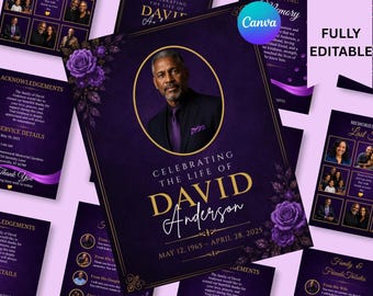Plantilla de programa funerario Purple Gold, folleto conmemorativo editable en Canva, programa de obituario para la celebración de la vida.