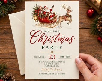 Plantilla de invitación para fiesta de Navidad, invitación navideña editable en Canva, archivo digital 5x7