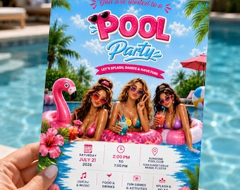 Plantilla de invitación para fiesta en la piscina, invitación de cumpleaños de verano tropical (descarga digital)
