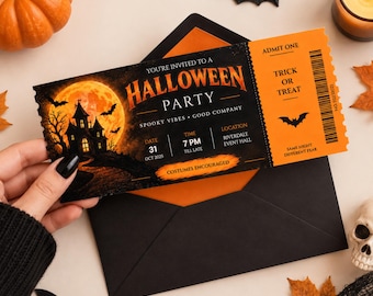 Invitación tipo boleto de Halloween, plantilla editable de Canva, boletos de fiesta imprimibles, invitación para fiesta de disfraces