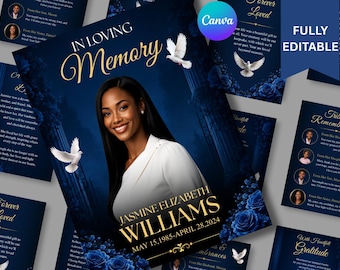 Plantilla para programa funerario de Blue Roses: Folleto conmemorativo de 8 páginas (Canva, descarga en PDF)