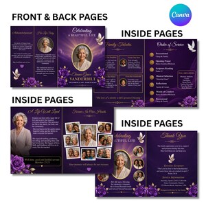 May include: A funeral program template featuring a deep purple background with gold accents, white doves, and purple roses. The layout includes sections for a life story, family tributes, order of service, and photo collages of Eleanor Grace Vanderbilt.