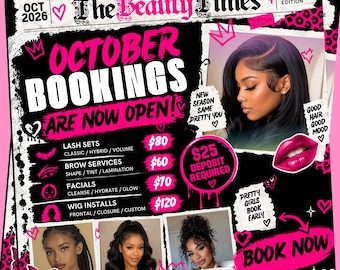 Plantilla de Canva para folleto de reservas de octubre, salón de belleza de Halloween, promoción de cabello, pestañas y uñas, descarga instantánea.