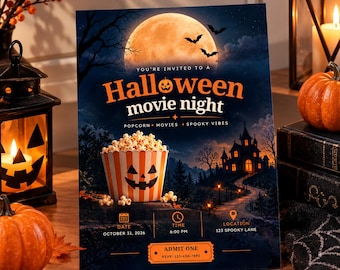 Invitación para noche de películas de Halloween, invitación para fiesta espeluznante, plantilla editable de Canva