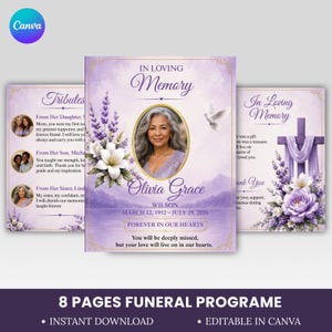 May include: A funeral program template featuring a lavender and white color scheme with floral accents, a central oval photo frame, and text including In Loving Memory, Olivia Grace Wilson, and dates March 12, 1952 to July 29, 2026.