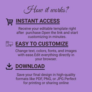 May include: A light purple informational graphic titled How it works? with three sections. INSTANT ACCESS features a shopping cart icon. EASY TO CUSTOMIZE shows a computer icon. DOWNLOAD displays a downward arrow icon. All text is in dark brown.