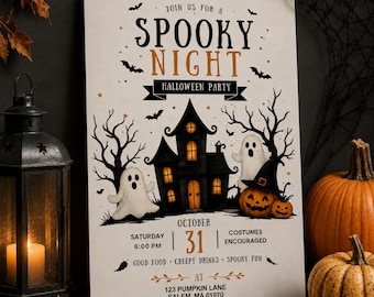 Plantilla de invitación para fiesta de Halloween, invitación editable en Canva, fiesta de calabazas y fantasmas espeluznantes