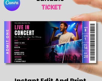 Plantilla editable de Canva para entradas de conciertos, pase sorpresa para eventos (descarga digital)