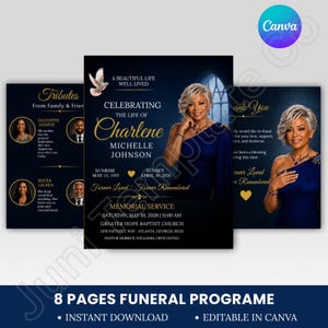 Programa funerario Blue Gold, Celebración de la vida, Folleto de obituario, Plantilla de Canva, Programa editable