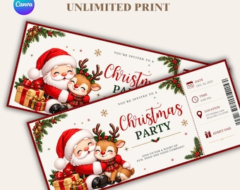 Plantilla de entrada para fiesta de Navidad, invitación editable en Canva, evento navideño de Papá Noel y renos, descarga digital.