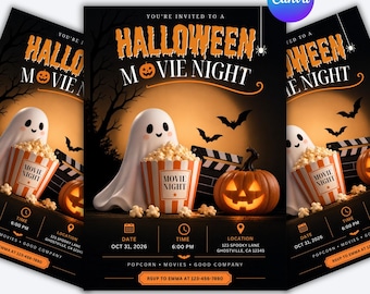 Invitación para noche de cine de Halloween, invitación editable en Canva, plantilla imprimible de película de terror 5x7