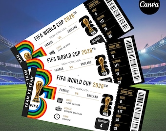 Plantilla de entrada para la Copa Mundial de la FIFA 2026 / Diseño editable de entradas para partidos de fútbol en Canva