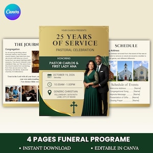Pastoraljubileumsprogram, redigerbart programhäfte för kyrkan, gudstjänstordning i Canvas, mall för uppskattning av pastor