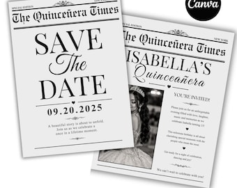 Plantilla de periódico para anunciar la fecha de la quinceañera / Invitación editable en Canva / Invitación de periódico para quinceañera / Descarga digital