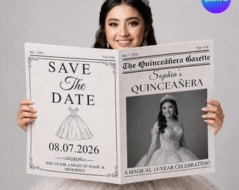 Plantilla de periódico para quinceañera, invitación editable en Canva, anuncio de fiesta personalizado, recuerdo imprimible, descarga digital.