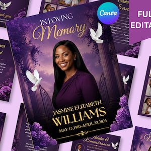 May include: A memorial card design with a portrait of Jasmine Elizabeth Williams, framed by purple floral accents and white doves. The text reads "In Loving Memory" and includes dates. Additional cards with related text and images are also visible.