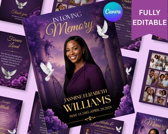 Purple Roses Funeral Program Template: 8-Page Memorial Booklet (Canva, PDF Download)