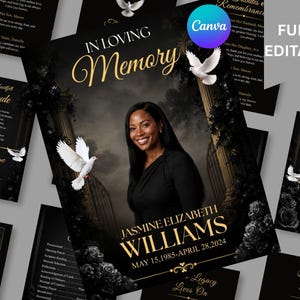 Könnte beinhalten: Eine Trauerprogramm-Vorlage mit schwarzem Hintergrund und goldenem Text IN LOVING MEMORY, JASMINE ELIZABETH WILLIAMS sowie Daten. Das Design enthält weiße Tauben, dunkle florale Akzente und das zentrale Porträt einer lächelnden Person.
