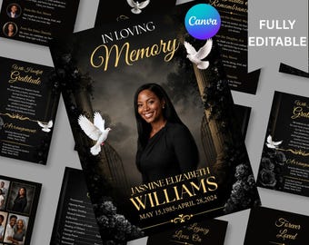 Plantilla para programa funerario de Black Roses: Folleto conmemorativo de 8 páginas (Canva, descarga en PDF)